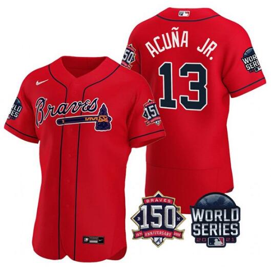 Men's Atlanta Braves #13 Ronald Acuna Jr. 2021  Red  World Series With 150th Anniversary Patch Stitched Baseball Jersey